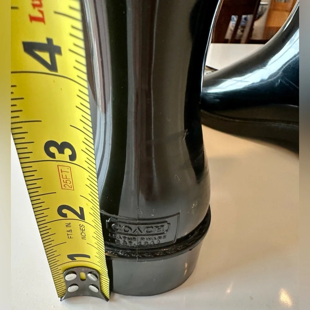 Coach Talia Knee High Rain Boots 9 Glossy Black Brown Buckle Preppy Outdoors